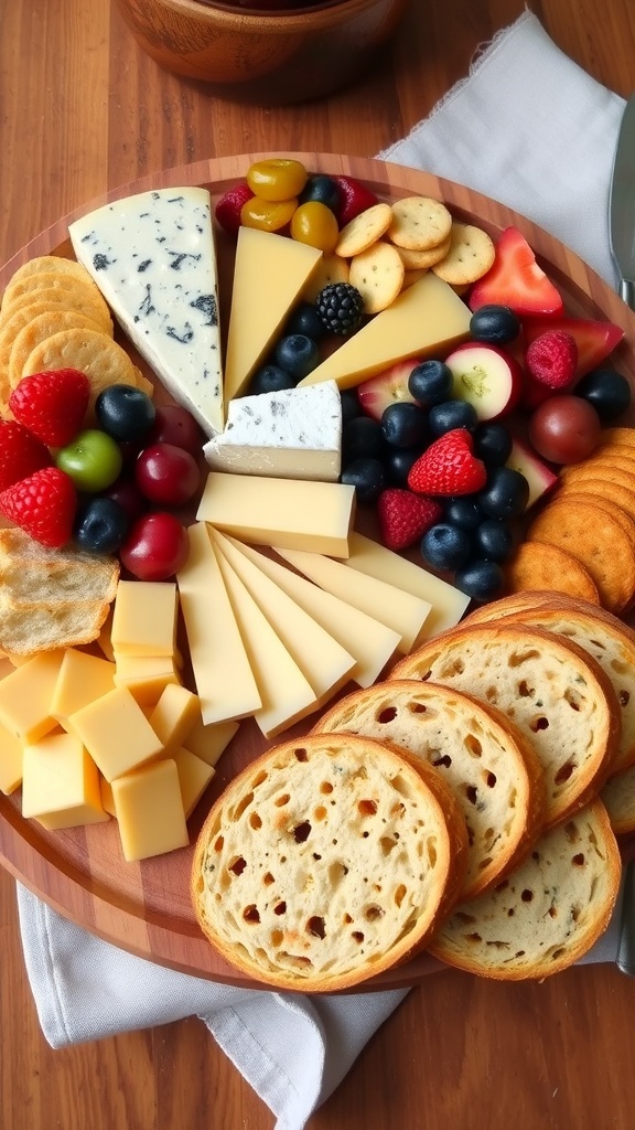 A cheese plate with assorted cheeses, fresh fruits, crackers, and garlic bread on a rustic table.
